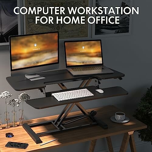 Adjustable computer workstation with two laptops and keyboard in home office