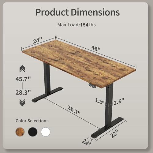 Adjustable desk dimensions and color options.