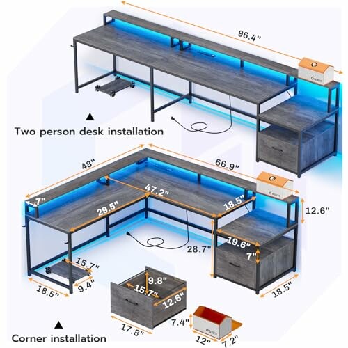 Illustration of two desk installation options with dimensions and LED lighting.