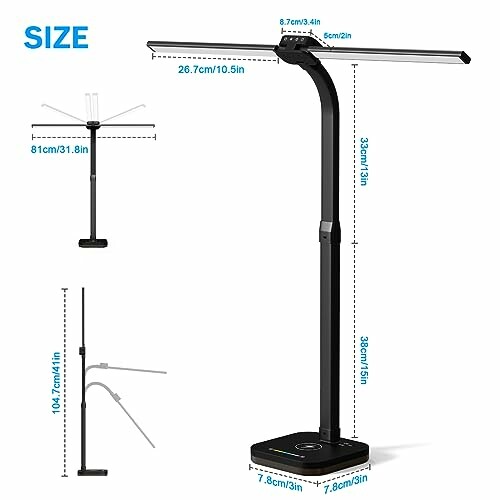 Diagram showing adjustable desk lamp with measurements.