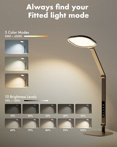 Desk lamp with adjustable color modes and brightness levels.