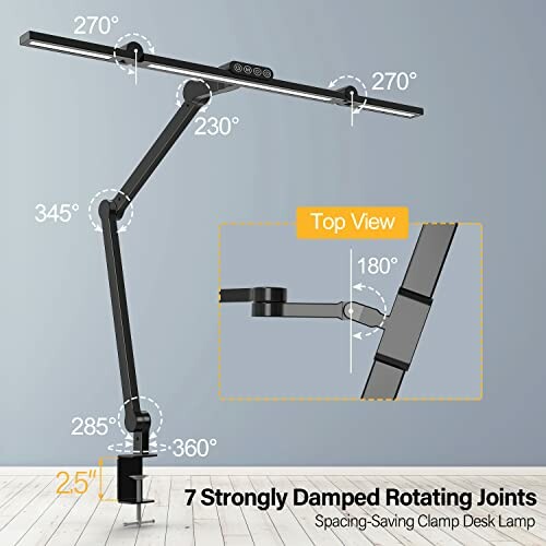 Adjustable desk lamp with 7 rotating joints and clamp base. The lamp can be adjusted to direct the light exactly where it's needed.