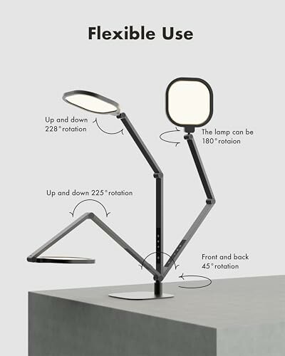 Adjustable desk lamp with multiple rotation angles.