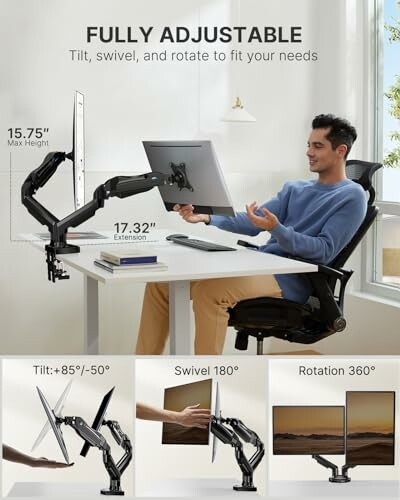 Person using fully adjustable monitor arm at desk