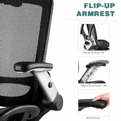 Office chair with adjustable flip-up armrest features.
