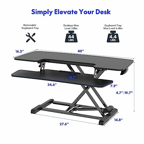 Adjustable standing desk with removable keyboard tray and weight capacity details.