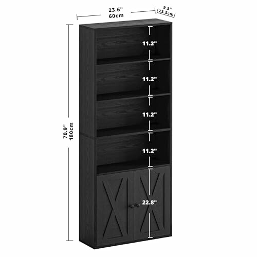 Black bookshelf with multiple shelves and a cabinet, showing dimensions.