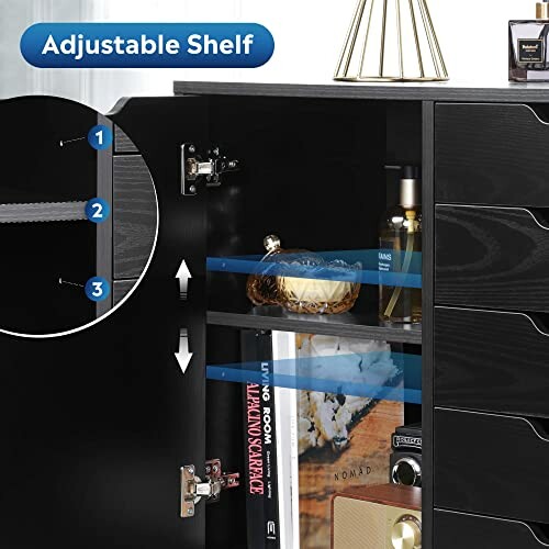 Black cabinet with adjustable shelves and books inside.