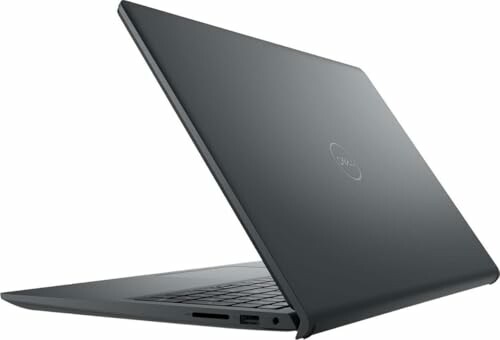 Black laptop viewed from the side with logo on lid.