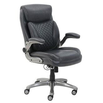 Black leather office chair with padded armrests and wheels
