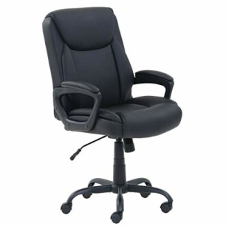 Black leather office chair with armrests and wheels.
