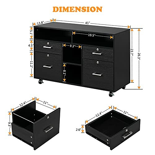 Dimensions of black rolling cabinet with drawers and shelves.