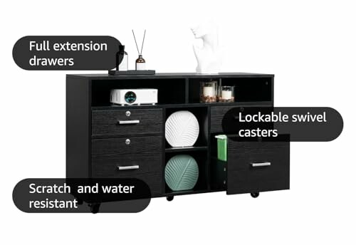 Black storage cabinet with full extension drawers, lockable swivel casters, and scratch and water resistance.