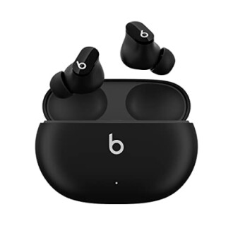 Black wireless earbuds with charging case