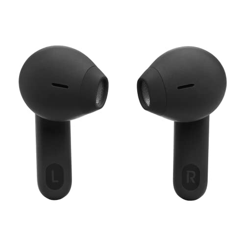 Black wireless earbuds with left and right indicators.