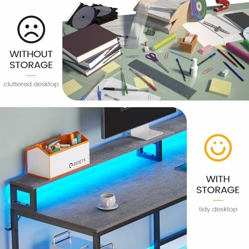 Comparison of cluttered and tidy desktops with and without storage solutions.