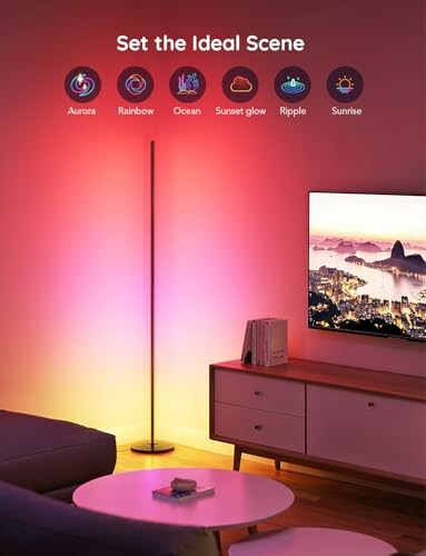 Living room with colorful ambient lighting and TV.