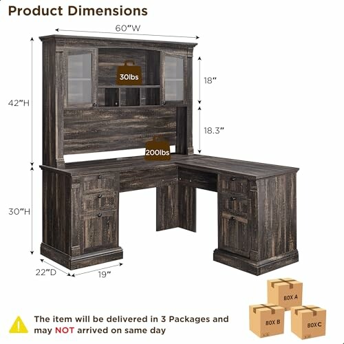 L-shaped corner desk with hutch and product dimensions.