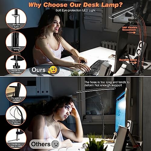 Comparison of two desk lamps showing features and benefits.