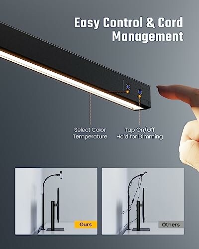 Comparison of desk lamp control and cord management features.