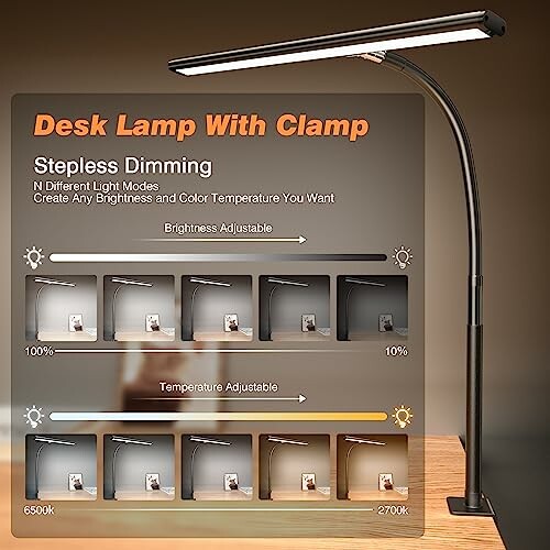 Desk lamp with clamp featuring stepless dimming and adjustable brightness and temperature.
