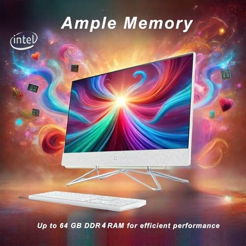 Desktop computer with colorful swirling background and text 'Ample Memory'.