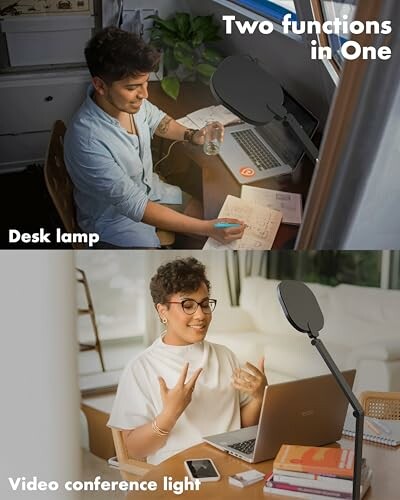 Person using a lamp for desk work and video conferencing.