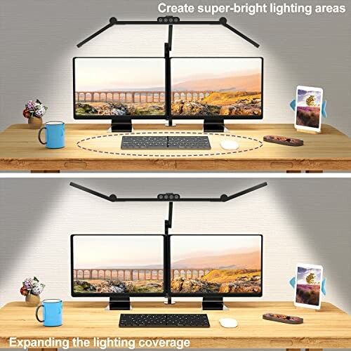 Desk setup with dual monitors and overhead lighting. The Micomlan Led Desk Lamp is the centerpiece, providing a warm and cozy glow.