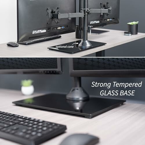 Dual monitor stand with strong tempered glass base on a desk.