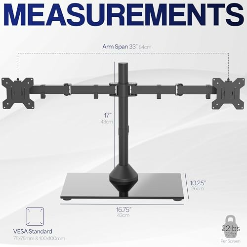 Dual monitor stand measurements with arm span and VESA standard details.