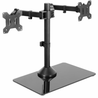 Dual monitor stand with adjustable arms and glass base.
