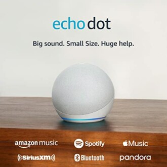 Echo Dot smart speaker on wooden surface with music service logos.