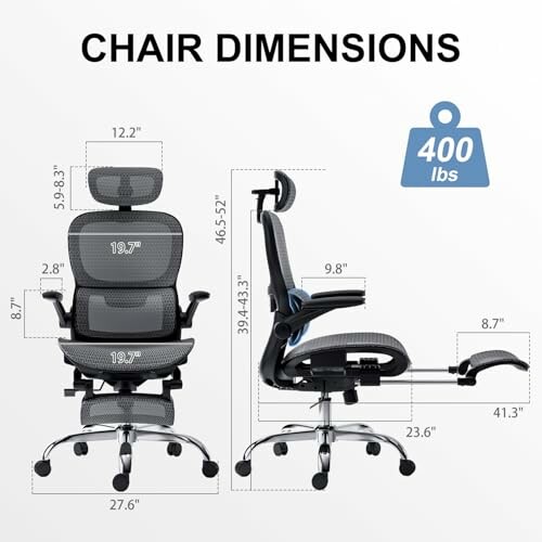 Dimensions of an ergonomic office chair with weight capacity of 400 lbs.