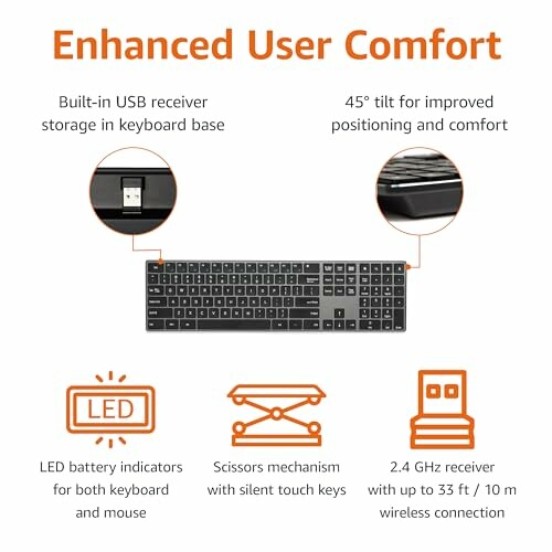 Keyboard with built-in USB receiver, 45-degree tilt, LED indicators, and wireless connectivity.