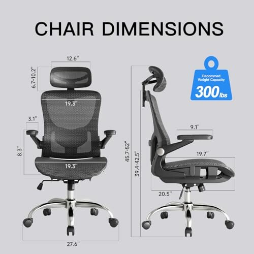 Ergonomic office chair with dimensions and recommended weight capacity.