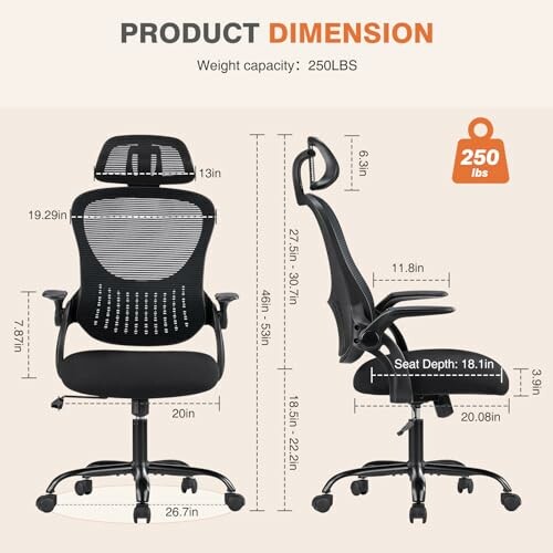 Ergonomic office chair with detailed dimensions and weight capacity.