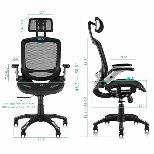 Dimensions of an ergonomic office chair with adjustable features.