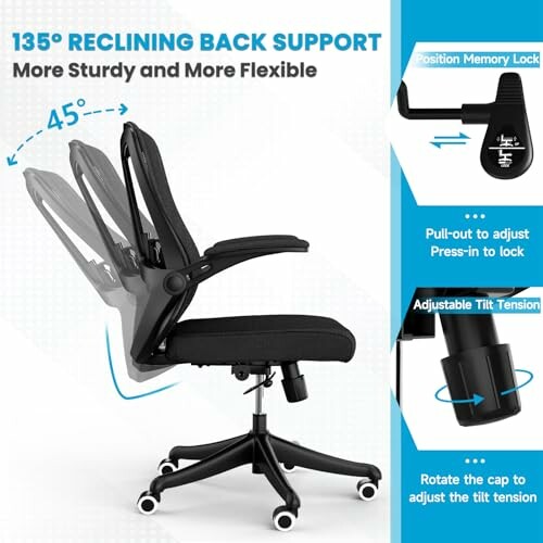 Ergonomic office chair with 135-degree reclining back support and adjustable tilt tension.