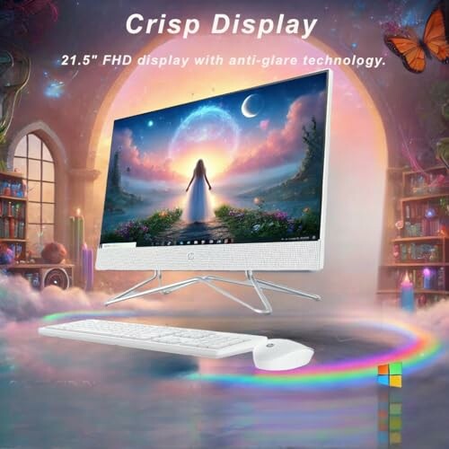 Computer with fantasy display and accessories in a magical room.