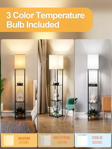 Floor lamp with three color temperature settings: warm 2700K, neutral 4000K, cold 5000K.