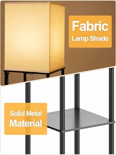 Floor lamp with fabric shade and solid metal material.