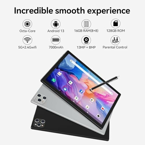 Tablet with specifications including Octa-Core, Android 13, 16GB RAM, 128GB ROM, 5G+2.4G WiFi, 7000mAh battery, 13MP+8MP cameras, and parental control.
