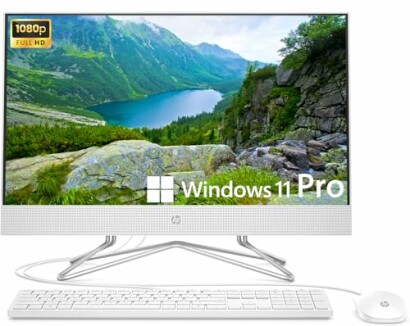 HP all-in-one computer with Windows 11 Pro displaying a scenic mountain view.