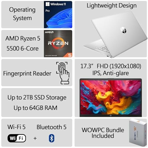 HP laptop features: Windows 11 Pro, AMD Ryzen 5 5500 6-Core, lightweight design, fingerprint reader, 17.3” FHD display, up to 2TB SSD, up to 64GB RAM, Wi-Fi 5, Bluetooth 5, WOWPC bundle.