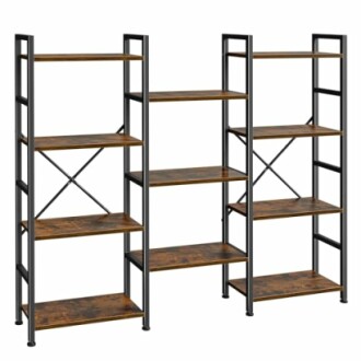 Three industrial-style bookshelves with wooden shelves and metal frames.