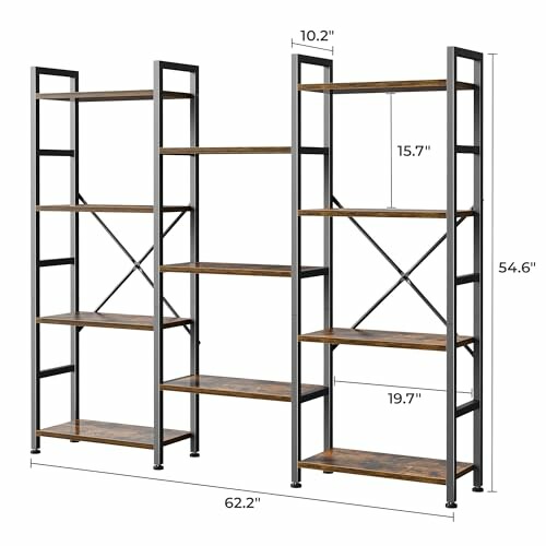 Industrial bookshelf with metal frame and wooden shelves, dimensions labeled.