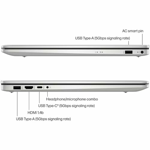 Side view of laptop showing various ports including USB Type-A, USB Type-C, HDMI, and headphone jack.