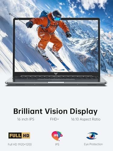 Laptop display showing a skier, highlighting brilliant vision display features.