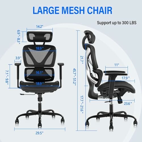 Dimensions and features of a large mesh office chair.