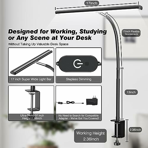 LED desk lamp with flexible gooseneck, dimming control, and clamp mount.